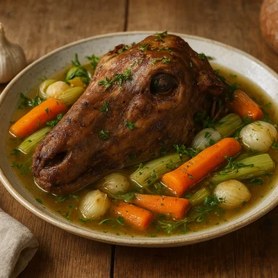 Gedämpfter Tête d’Agneau (Lammkopf) mit Gemüse und Kräutern