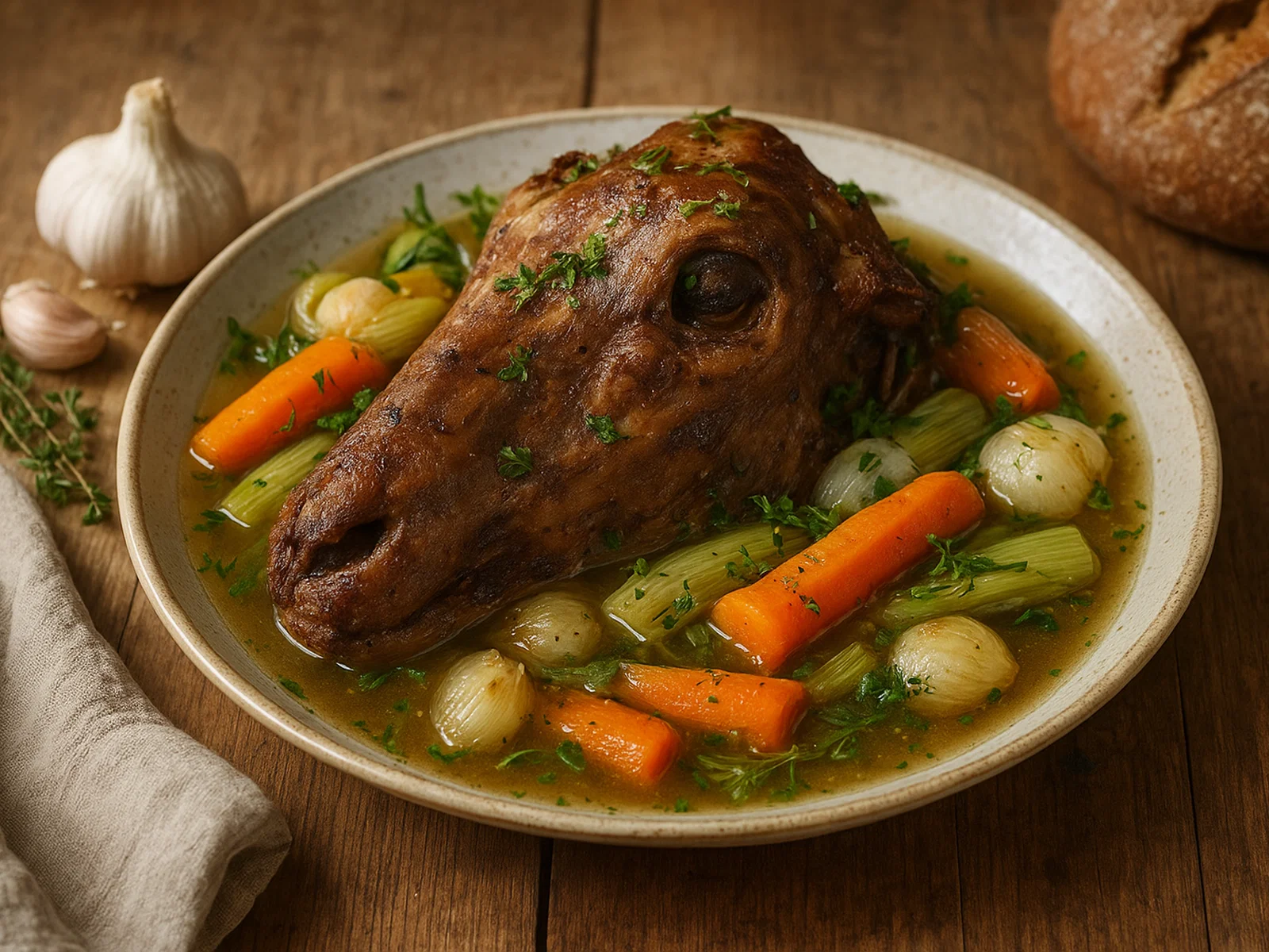 Gedämpfter Tête d’Agneau (Lammkopf) mit Gemüse und Kräutern