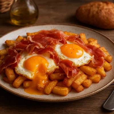 Huevos rotos – Spanische Bratkartoffeln mit Spiegeleiern und Serrano-Schinken