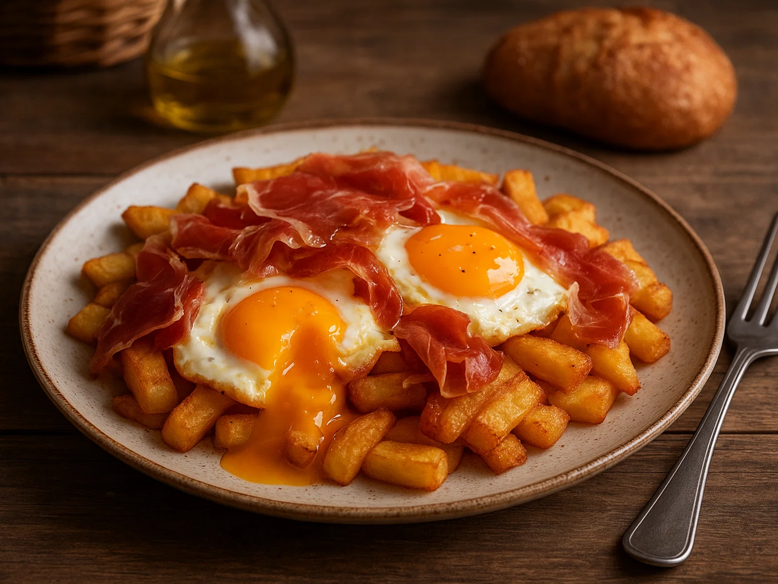 Huevos rotos – Spanische Bratkartoffeln mit Spiegeleiern und Serrano-Schinken