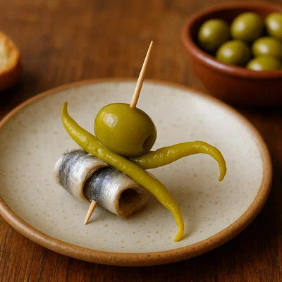 Gilda – Pintxo mit Sardelle, Olive und eingelegter Peperoni