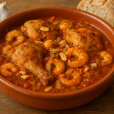 Pollastre amb gambes – Katalanisches Huhn-mit-Garnelen (Mar i Muntanya)