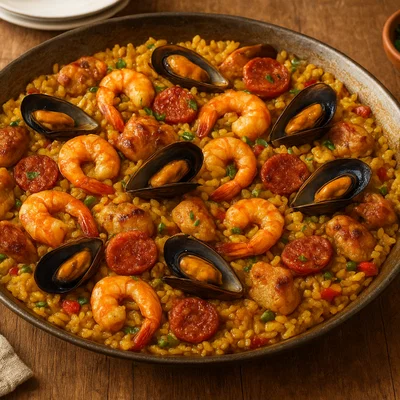 Paella mixta – Spanische Reis-Pfanne mit Fleisch und Meeresfrüchten