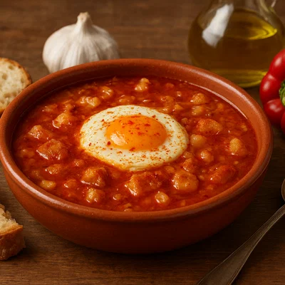 Sopa de ajo – Spanische Knoblauchsuppe mit Brot, Paprika und Ei