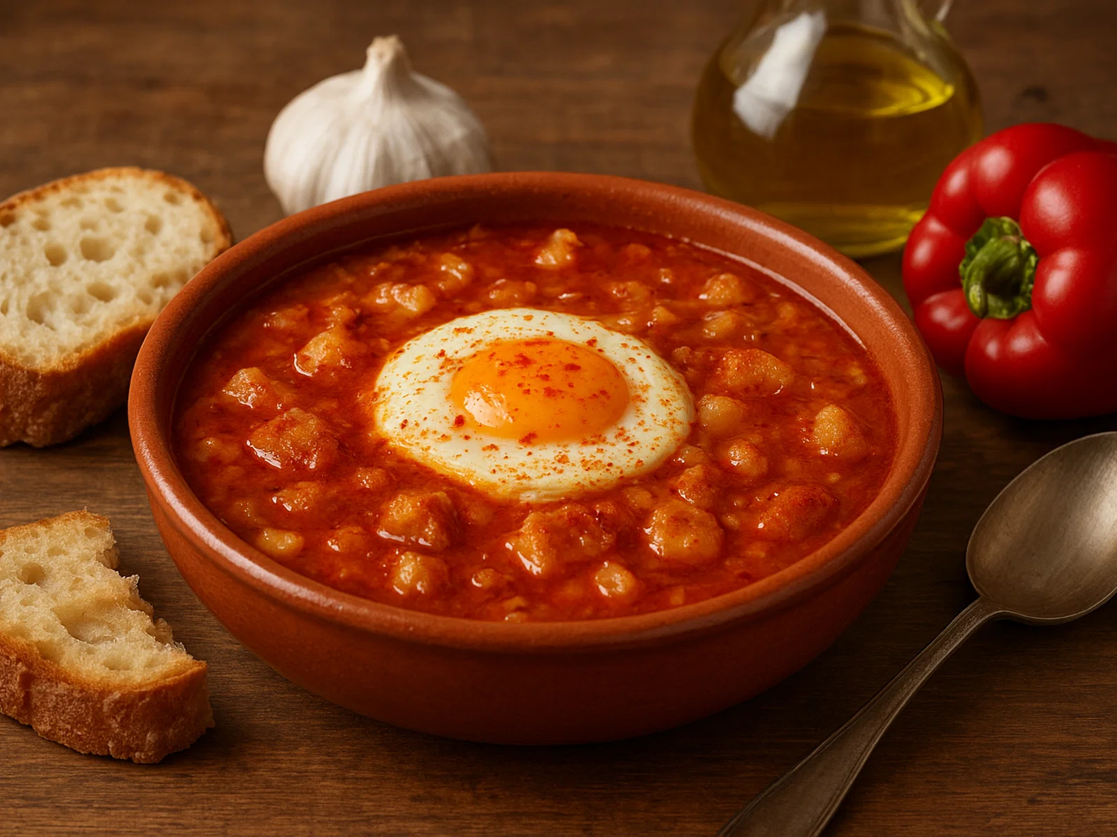 Sopa de ajo – Spanische Knoblauchsuppe mit Brot, Paprika und Ei