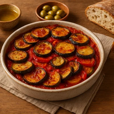 Mallorquinisches Tumbet – geschichtetes Ofengemüse mit Tomatensoße