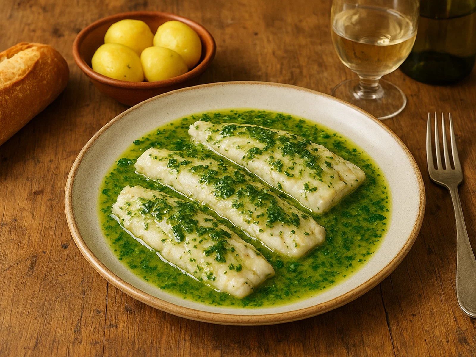 Merluza en salsa verde – Seehecht in grüner Petersiliensauce