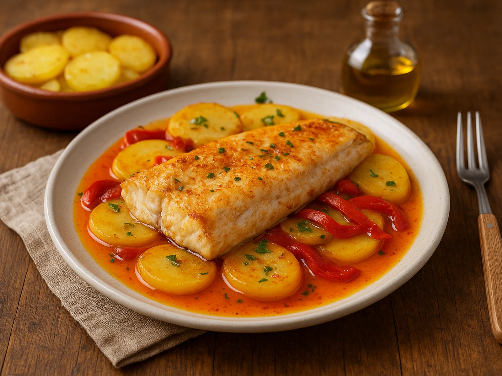 Merluza a la gallega – Galicischer Seehecht mit Kartoffeln und Paprika-Öl