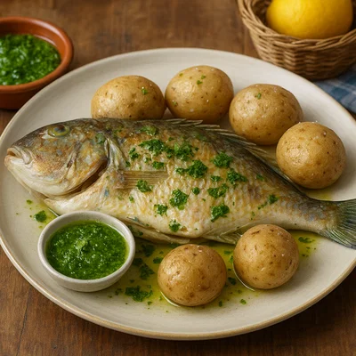 Vieja sancochada (Gekochter Papageifisch mit Mojo und Kartoffeln)