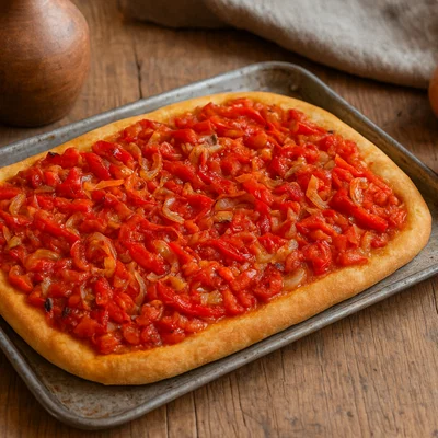 Coca de trampó – mallorquinisches Fladenbrot mit Paprika, Tomate und Zwiebel