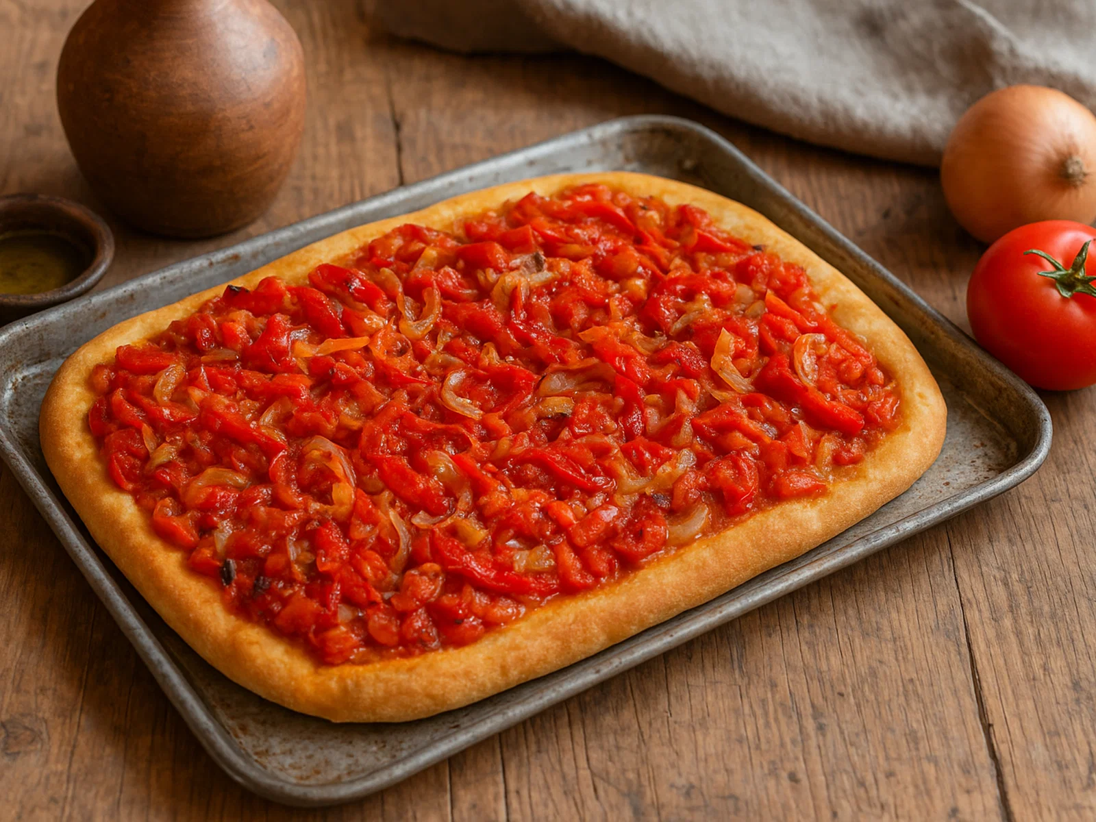 Coca de trampó – mallorquinisches Fladenbrot mit Paprika, Tomate und Zwiebel