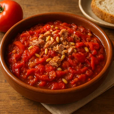 Titaina – Geschmortes Paprika-Tomaten-Gemüse mit Thunfisch und Pinienkernen