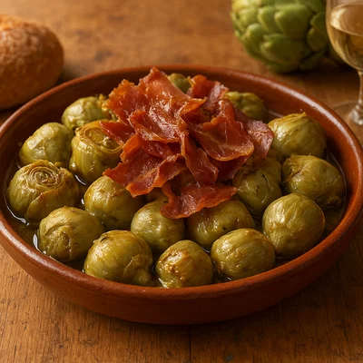 Alcachofas de Tudela mit knusprigem Serranoschinken