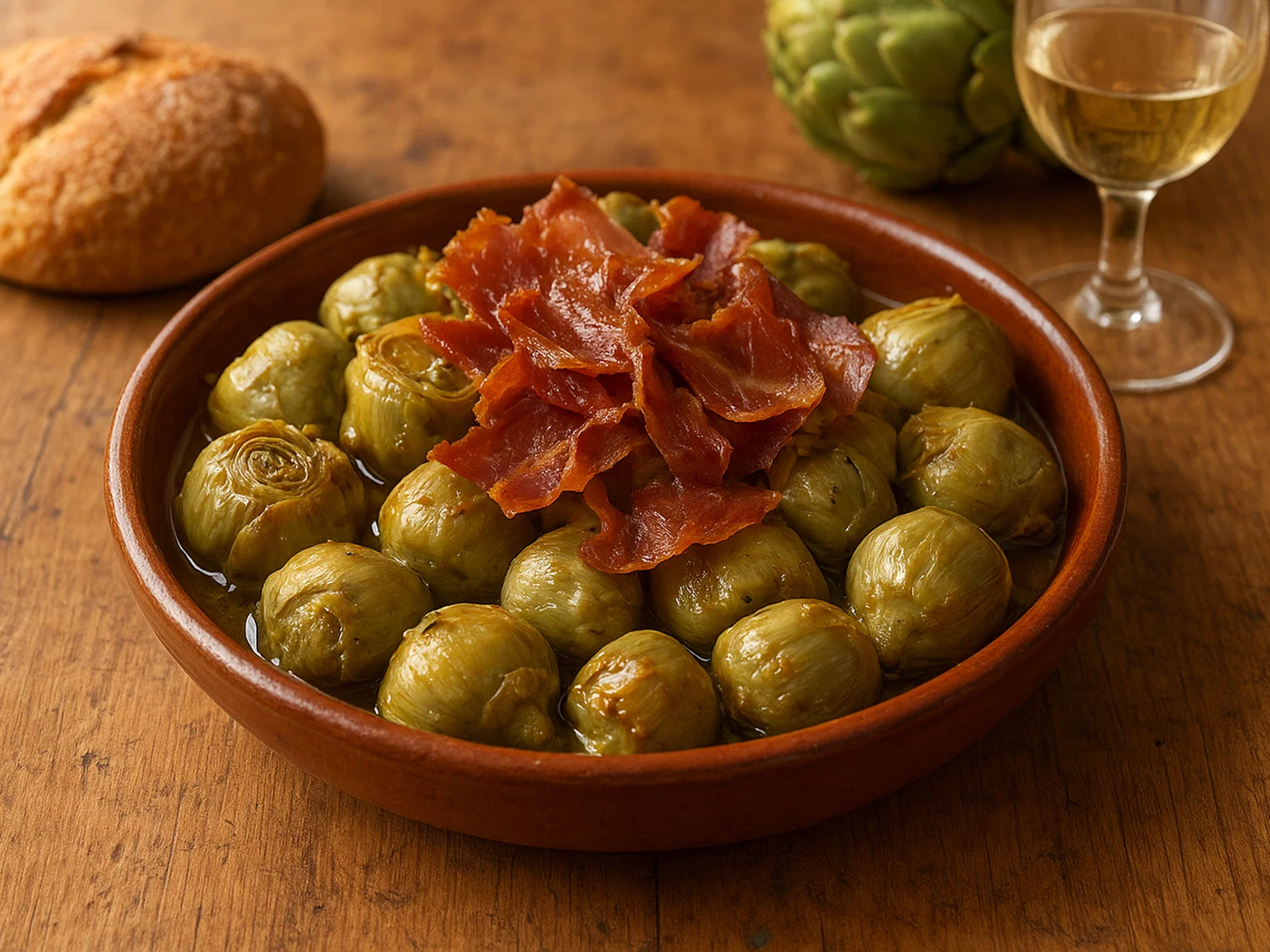 Alcachofas de Tudela mit knusprigem Serranoschinken
