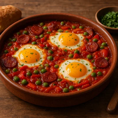 Huevos a la flamenca – spanische Ofeneier mit Gemüse, Chorizo und Erbsen
