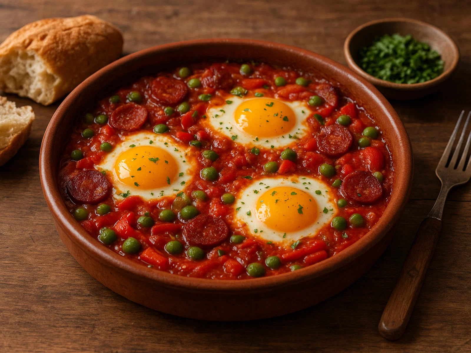 Huevos a la flamenca – spanische Ofeneier mit Gemüse, Chorizo und Erbsen