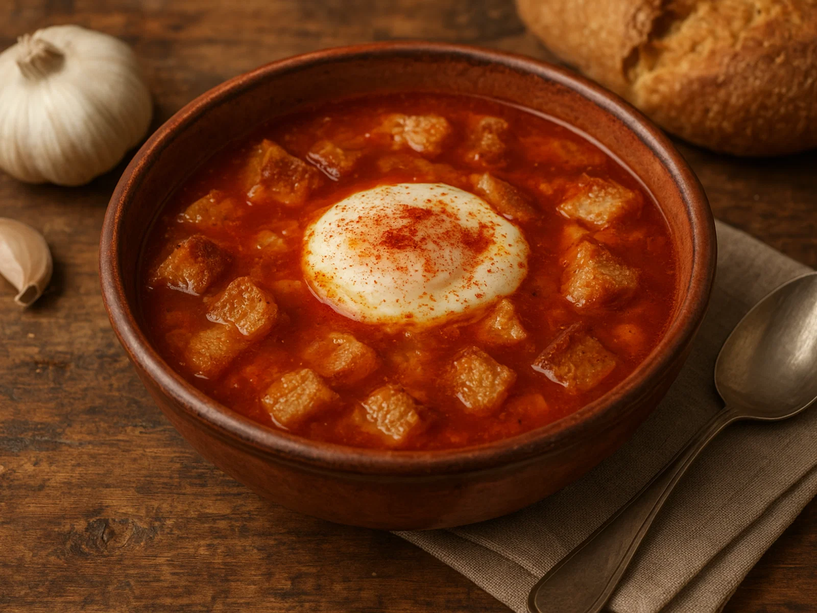 Sopa Castellana – Spanische Knoblauch-Brotsuppe mit pochiertem Ei