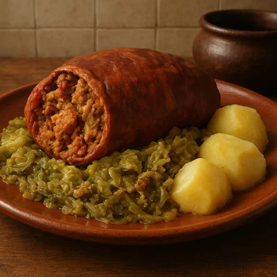 Botillo del Bierzo – gefüllter, geräucherter Schweinedarm mit Kohl