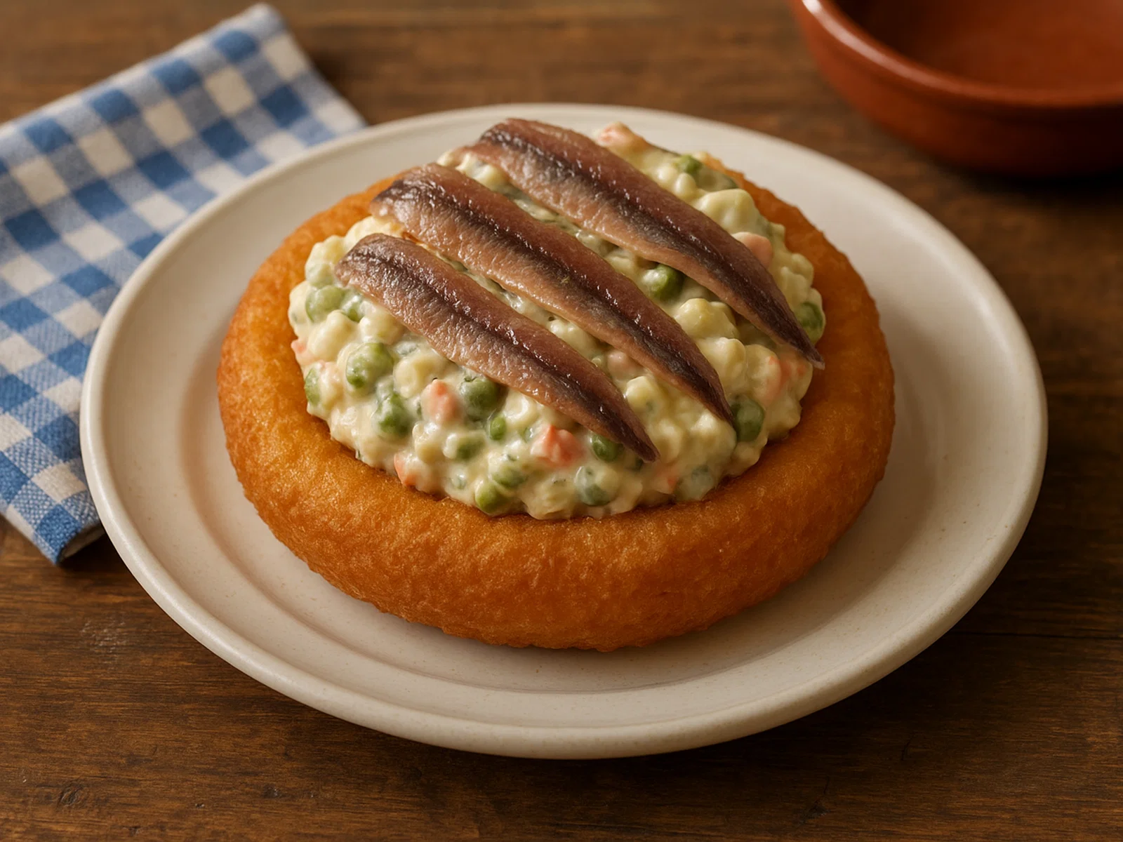 Marinera – Spanischer Brotring mit Russischem Salat und Sardellen