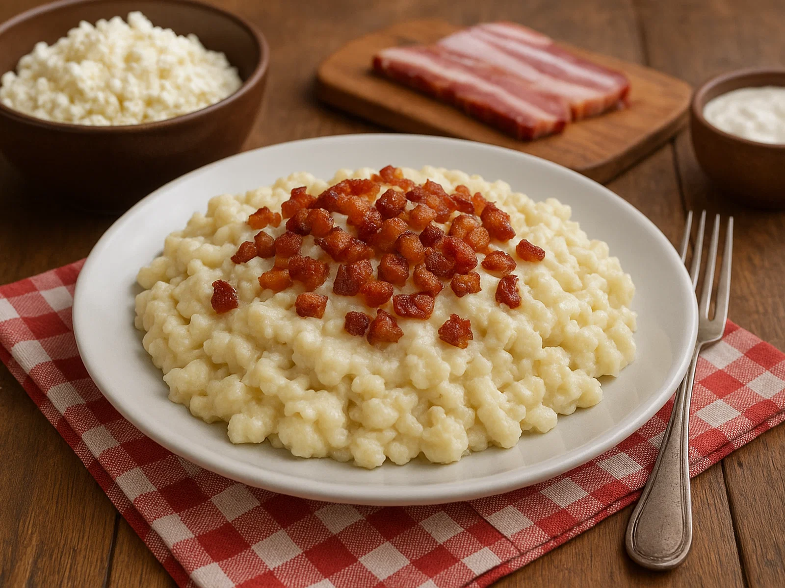 Bryndzové Halušky – Slowakische Kartoffelklößchen mit Schafskäse und Speck