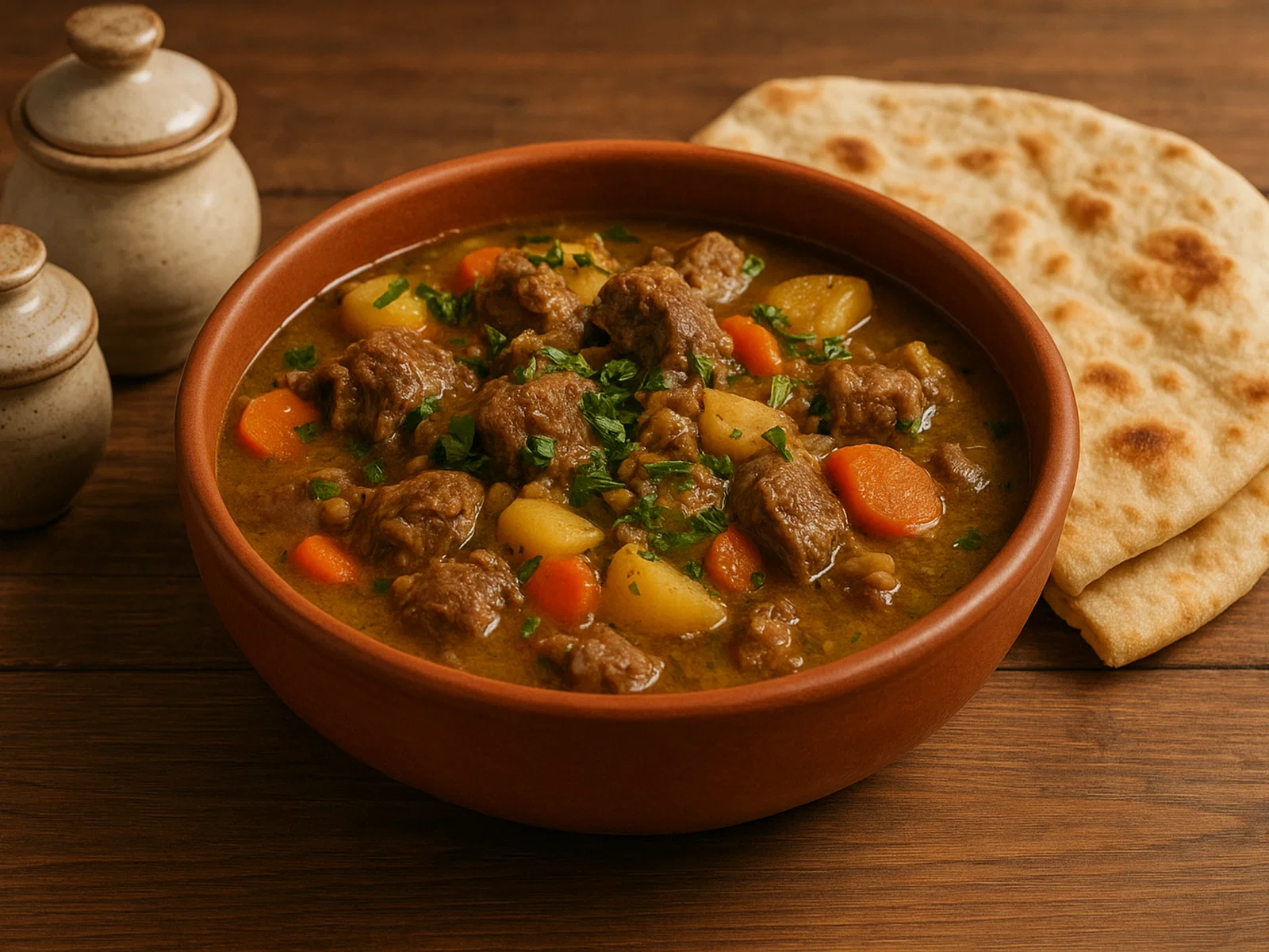 Traditioneller arabischer Tharid mit Lamm und Gemüse