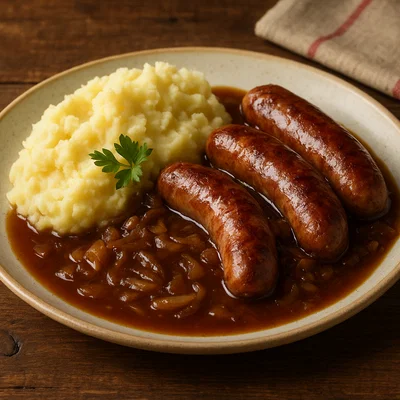 Bangers and Mash – Britische Bratwürste mit Zwiebelsauce und Kartoffelpüree