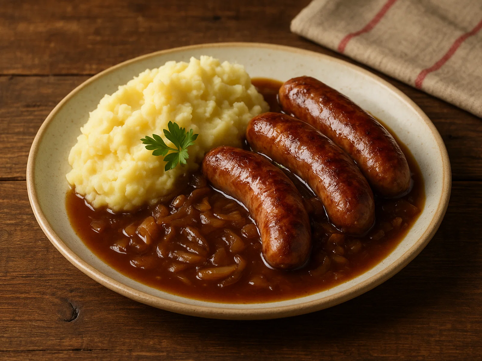 Bangers and Mash – Britische Bratwürste mit Zwiebelsauce und Kartoffelpüree