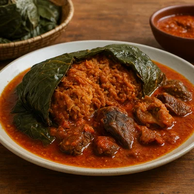 Ekwang – Geriebene Cocoyam-Röllchen in Tomaten-Erdnuss-Sauce