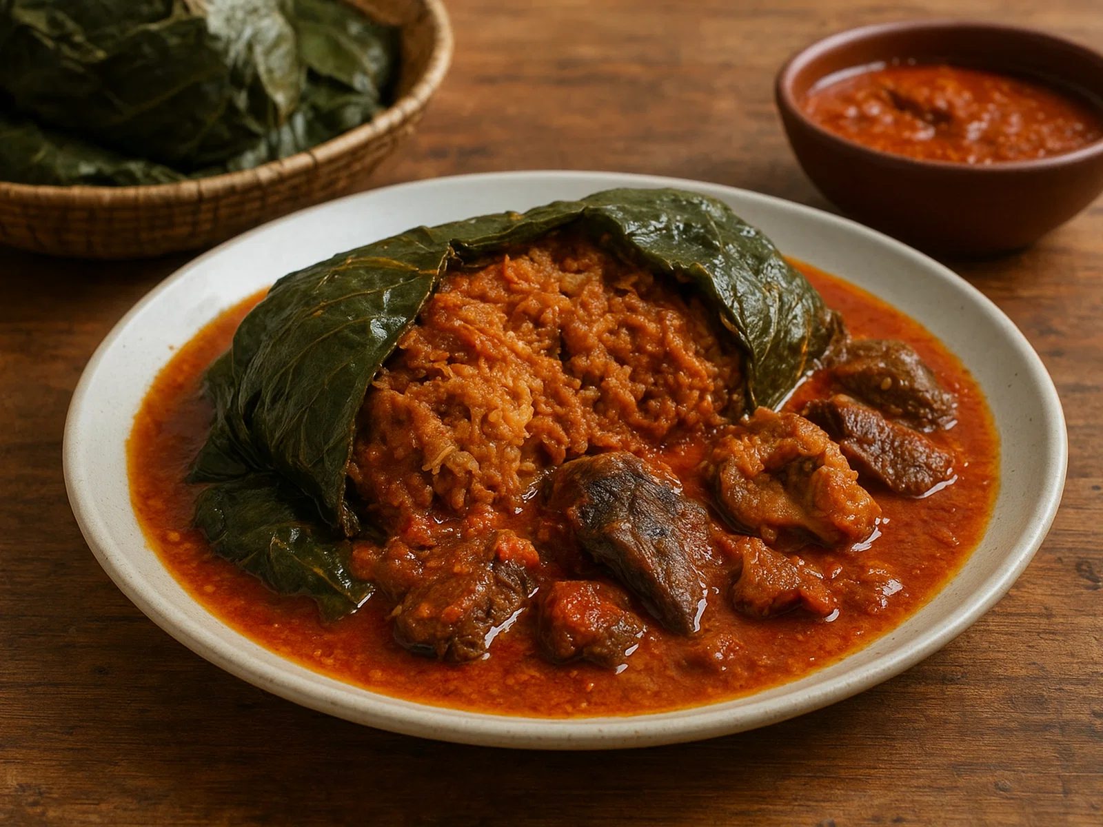 Ekwang – Geriebene Cocoyam-Röllchen in Tomaten-Erdnuss-Sauce