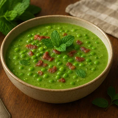 Cremige Erbsensuppe mit Minze und knusprigem Speck