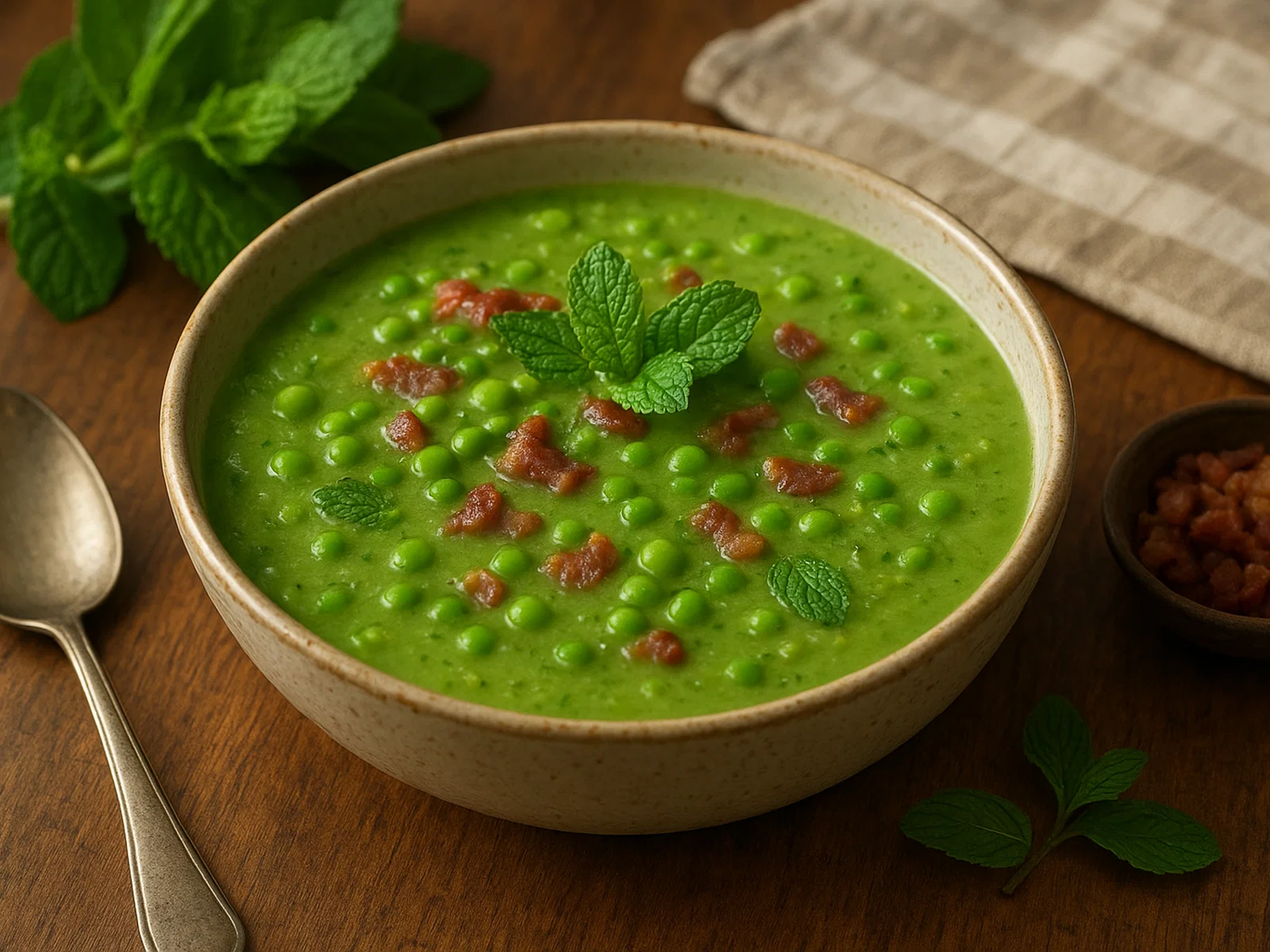 Cremige Erbsensuppe mit Minze und knusprigem Speck