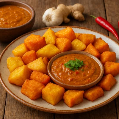 Fafa – Knusprige Maniok-Süßkartoffel-Taler mit würziger Erdnusssauce
