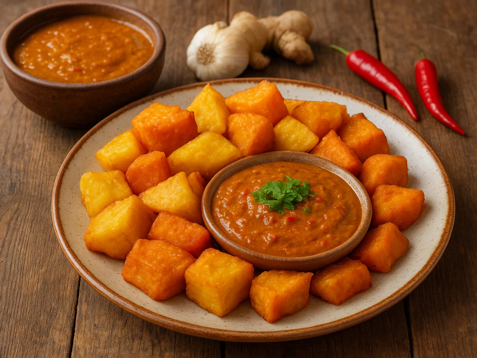 Fafa – Knusprige Maniok-Süßkartoffel-Taler mit würziger Erdnusssauce