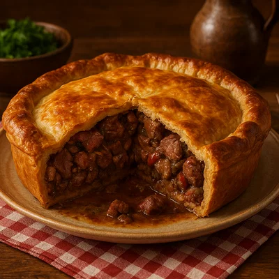 Herzhafte Fleischpastete mit Rindfleisch, Wurst und Rotwein