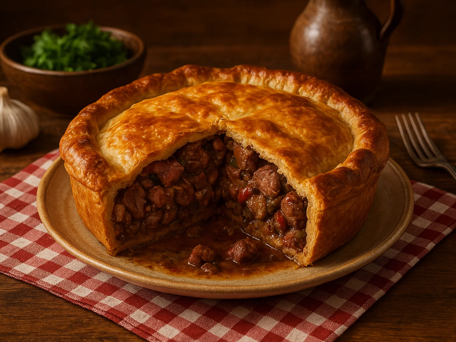 Herzhafte Fleischpastete mit Rindfleisch, Wurst und Rotwein