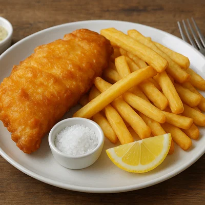 Klassische British Fish and Chips mit Bierteig