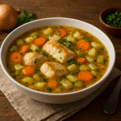 Herzhafte Fischsuppe mit Gemüse und Kräutern
