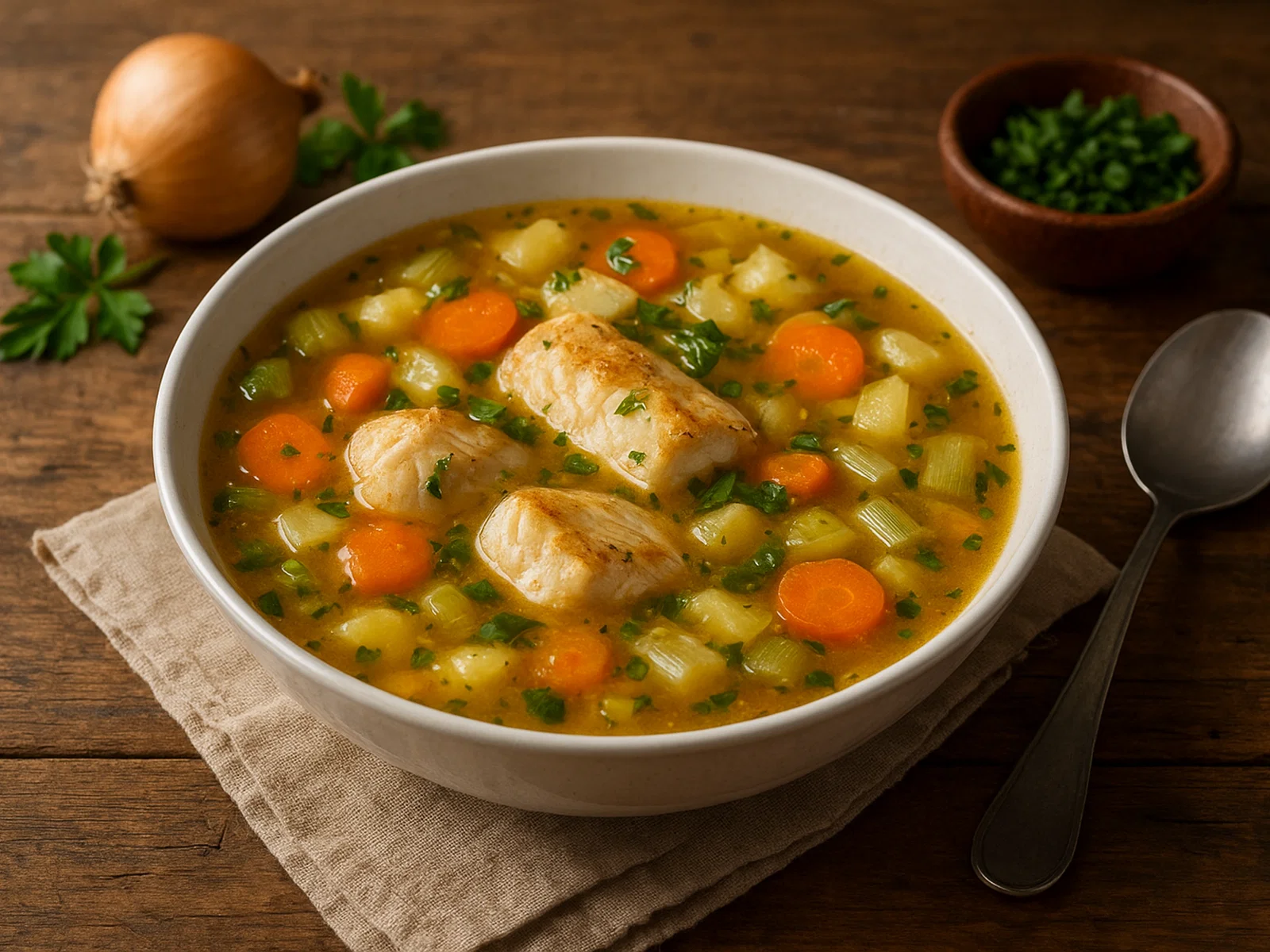 Herzhafte Fischsuppe mit Gemüse und Kräutern