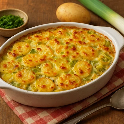 Kartoffel-Lauch-Gratin mit cremiger Käsesauce