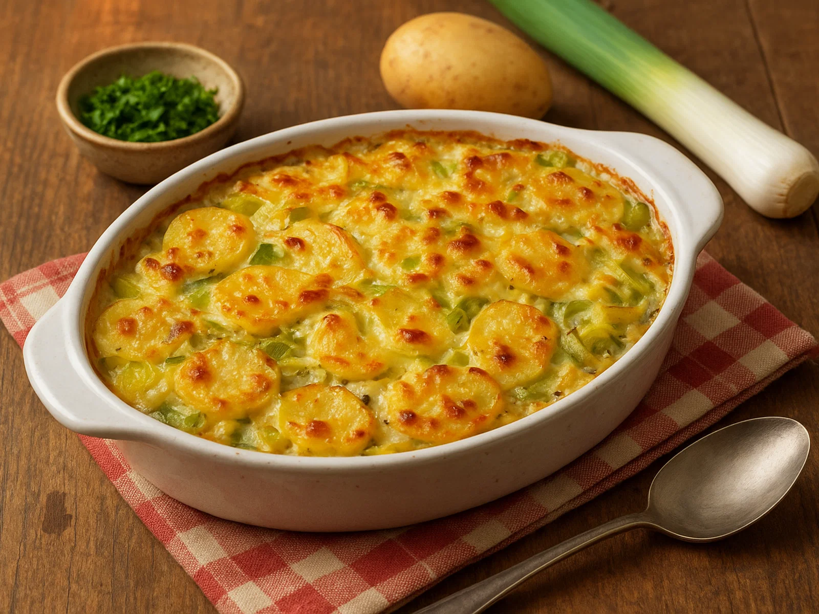 Kartoffel-Lauch-Gratin mit cremiger Käsesauce