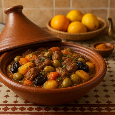 Marokkanische Tajine mit Lamm, Aprikosen und Oliven