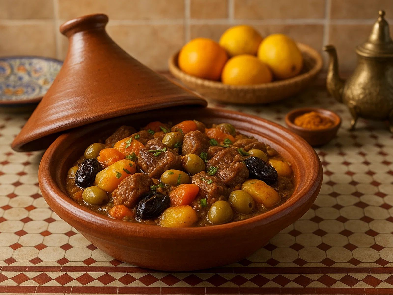 Marokkanische Tajine mit Lamm, Aprikosen und Oliven