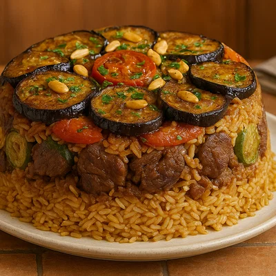 Maqluba – orientalischer Schichtreis mit Fleisch und Gemüse