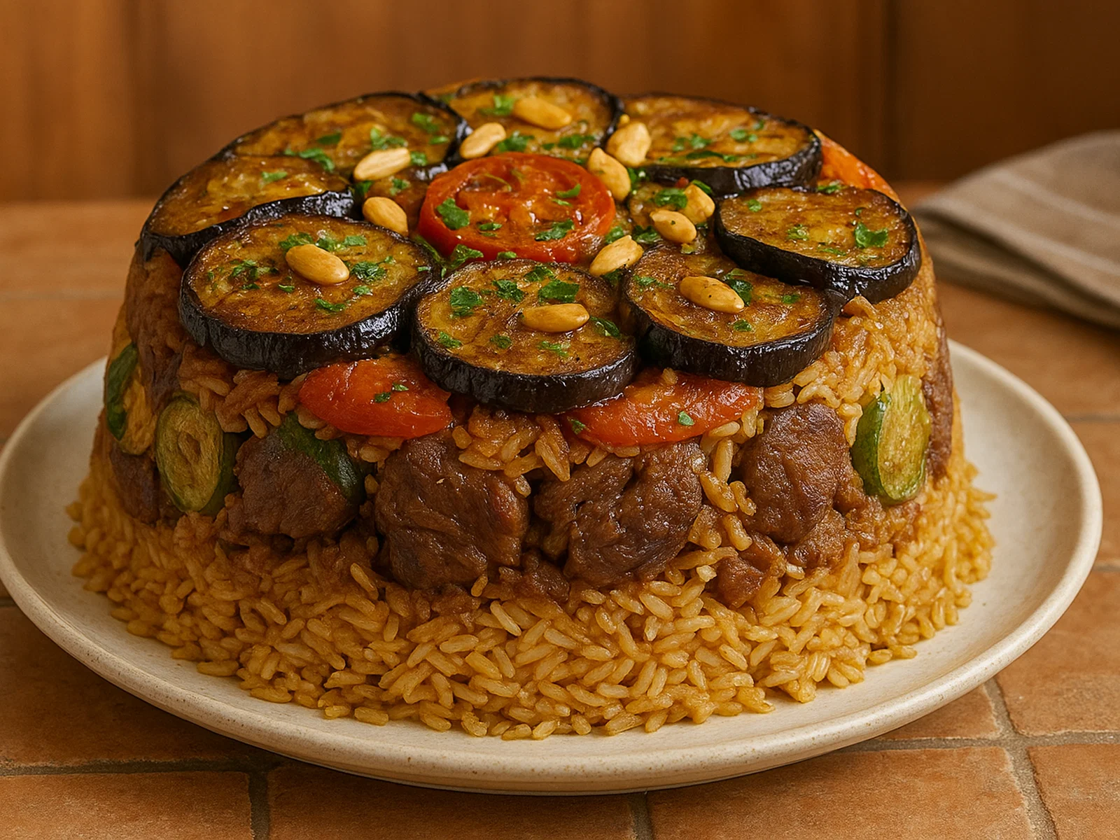 Maqluba – orientalischer Schichtreis mit Fleisch und Gemüse