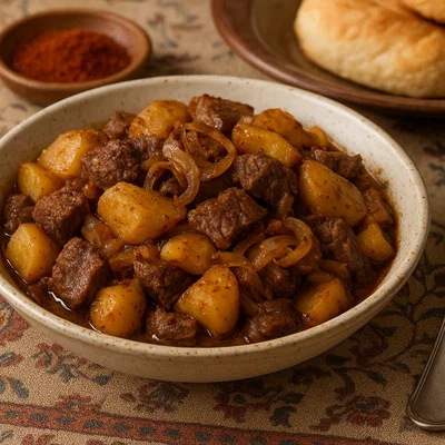 Kyrgyscher Kuurdak mit Rindfleisch, Kartoffeln und Zwiebeln