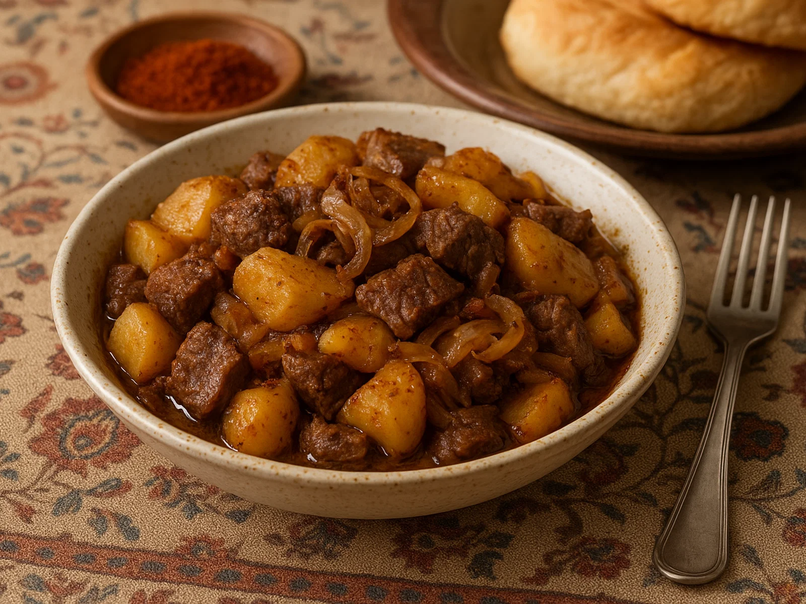 Kyrgyscher Kuurdak mit Rindfleisch, Kartoffeln und Zwiebeln