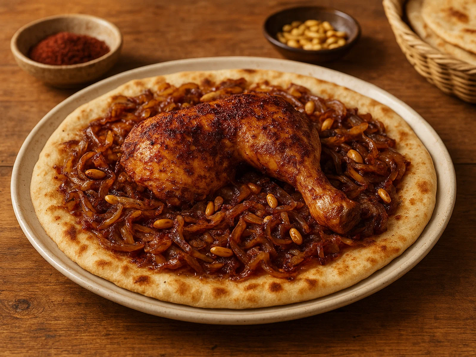 Palästinensischer Musakhan (Sumach-Hähnchen auf Fladenbrot)