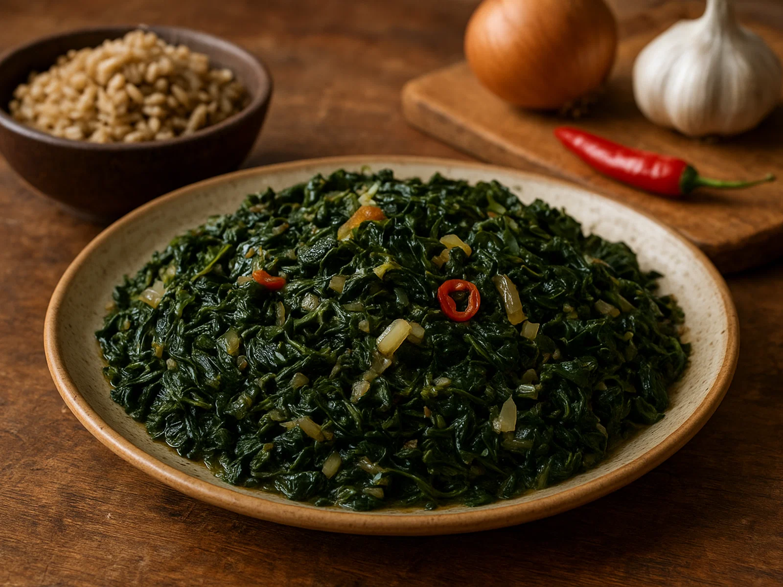 Morogo – Südafrikanischer Blattspinat mit Zwiebeln und Chili