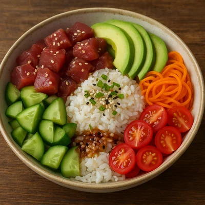 Klassische Poke Bowl mit Lachs, Avocado und Sesamreis