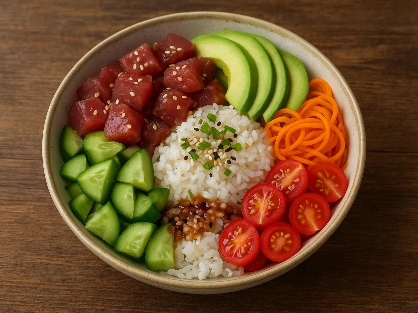Klassische Poke Bowl mit Lachs, Avocado und Sesamreis